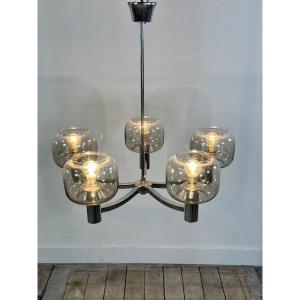 Vintage 70's Chrome Metal Chandelier By Gaetano Sciolari