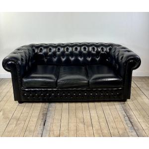 Vintage 1980s Chesterfield Sofa In Black Leather