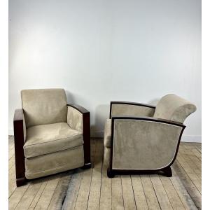 Pair Of Art Deco Period Armchairs In Rosewood And Suede