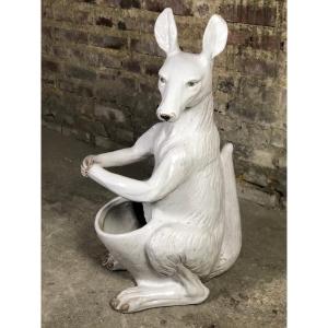 Kangaroo Umbrella Holder Patinated White Enamelled Earthenware Italy 1970's