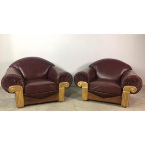 Armchairs (the Pair) Art Deco Style In Wood And Burgundy Leather 1940