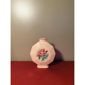 Longwy Pink Cracked Ceramic Vase With Art Deco Floral Decor