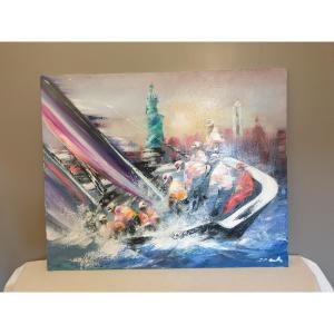 Victor Spahn. Oil On Canvas "regatta In New York" 100 Cmx 81 Cm