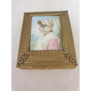 Box In Ornate Gilt Bronze, Decorated With A Miniature Signed Derval