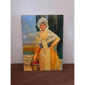 Etiennette Gilles Oil On Panel. Woman In Provencal Costume