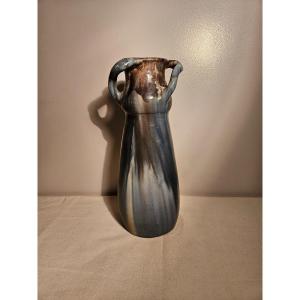 Large Stoneware Vase, Enameled, Belgium Or France, Blue Dominant Tones, Height 38.5 Cm