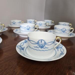 Limoges Jammet Seignolles 10 White Tea Cups With Blue Decor