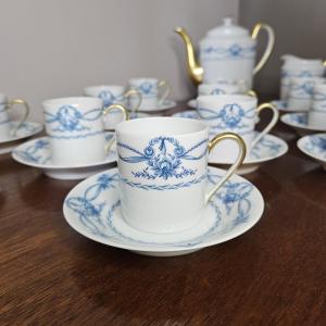 Limoges Jammet Seignolles Part Of 12-cup Coffee Service, White Background, Blue Decor. 