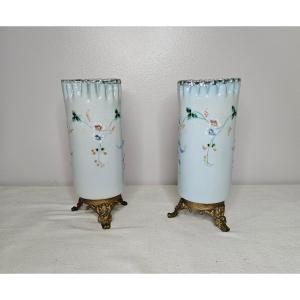 Pair Of Enamelled Opaline Scroll Vases With Gilded Brass Bases