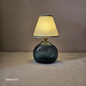 Claude Morin 1978 Blue Translucent Glass Lamp Base With Flattened Body. Height 13.5 Cm