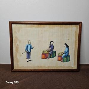 Old Painting On Rice Paper: Smoker And Two Women