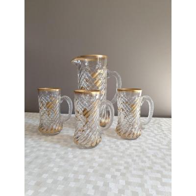 Twisted And Gilded Orangeade Pitcher With Fine Gold And Three Assorted Glasses