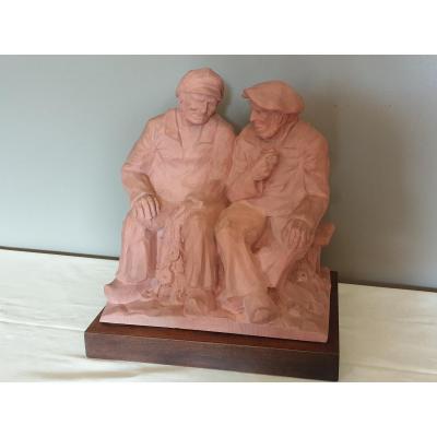 Two Seated Fishermen Terracotta Sculpture