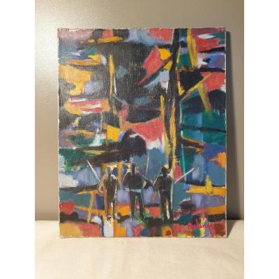 Oil On Canvas Jean-maxime Relange  "three Fishermen At Dusk" 