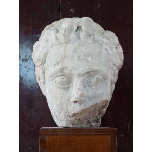 Head Of A Woman, In Carved Stone, From The 16th Century