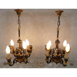 Pair Of Chandeliers In Patinated Bronze And Gilded Bronze With Fine Gold 