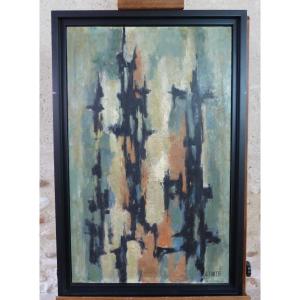 Abstract Oil Painting On Hardboard, Signed Denise Lioté 