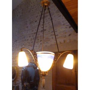 Chandelier Signed Muller Paste Of Glass And Bronze
