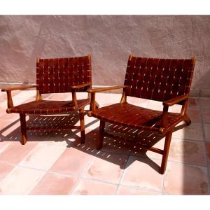 Pair Of Teak And Braided Leather Armchairs
