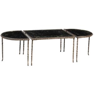 Maison Bagues Tripartite Coffee Table In Bronze Decorated With Scrolls And Mirrored Trays