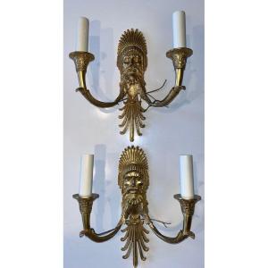Pair Of Two-light Gilt Bronze Wall Lights In The Style Of André Ravrio