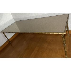 Maison Bagues Large Gilt Bronze Table With Palm Tree Decor And Mirror Top