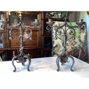 Michel Zadounaïsky 1903-83. Art Deco Wrought Iron Candlesticks With Snake Decor Signed