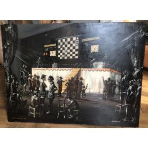 Partos Roland (born In 1929) Important Oil On Canvas "chess Tournament" Signed Dim. 122x92 Cm