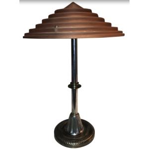 Leleu Georges Art Deco Lamp In Silver Metal & Satin Glass With Tiered Decor Signed 