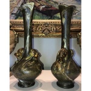 Sibeud Hélène (1900) Important Pair Of Vases Signed 2 Faces (rare) Art Nouveau