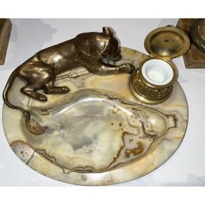 Georges Guyot (paris 1885-1973) "lioness At La Toilette" Bronze/marble Writing Desk Signed