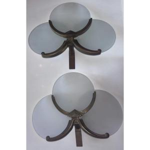 Pair Of Art Deco Wall Lights In Metal And Three Glass Plates (perzel Style)