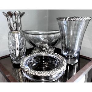 Fondica & Mathias Rare Set Of Four Pieces In Silver Bronze And Crystal