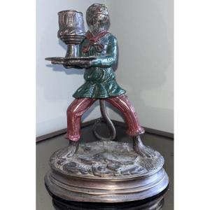 Fratin Christophe. (1801-1864). Polychrome Bronze Candlestick Representing A Monkey Signed