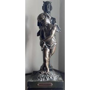 Edouard Drouot (1859-1945). Large Bronze Signed Satyr & Angel "chained Love"