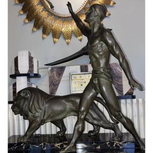 Daverny G (20th) Stylized Lion Trainer 1930 Important Art Deco Bronze Sculpture 74cm