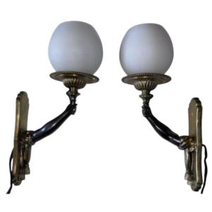 Maison Charles Double Patina Bronze Wall Lights In The Shape Of Outstretched Nubian Arms 
