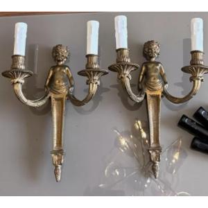 Antique 19th Century Gilt Bronze Wall Lights Decorated With Putti (cherubs)