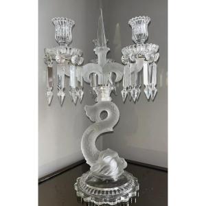 Large Three-light Dolphin Candlestick, Attributed To Baccarat H53cm