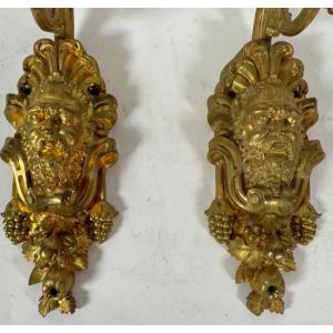 Pair Of Louis XIV Style Chiseled Gilt Bronze Wall Lights, Decorated With Bacchus