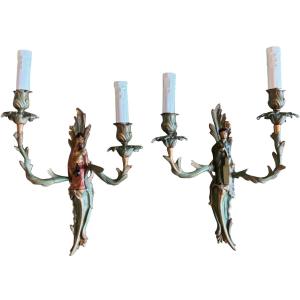 Maison Jansen Pair Of Bronze Wall Lights, Chinese Decor, Couple Foliage, Gilt Bronze