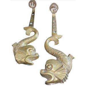 E. Guillemard (20th Century) Pair Of Art Deco Wall Lights In Gilded Bronze Signed