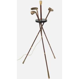 Adnet Jacques. (attributed To) Mid-century Leather And Brass Golf Floor Lamp