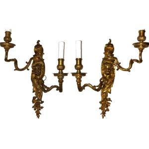 Important Pair Of "zephyrs" Wall Lights In Gilded And Chiseled Bronze H55cm