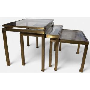 Maison Jansen & Guy Lefevre Rectangular Nesting Tables, Gilded Brass And Glass