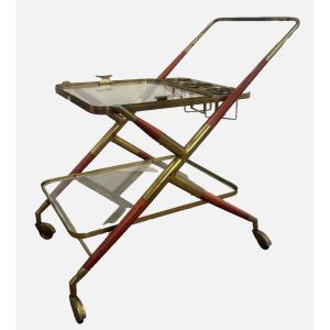 Cesare Lacca (1929) For Cassina: Small Trolley On Wheels,wood, Glass And Brass