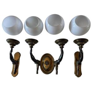 Maison Charles (attributed To) Set Of 3 Bronze Sconces Decorated With Nubian Arms 