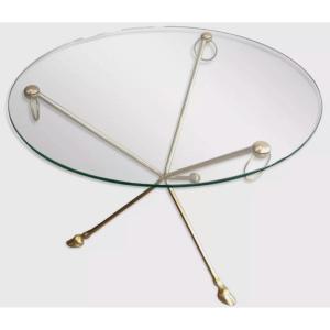 Maison Jansen: Tripod Pedestal Table In Gilded Bronze And Glass, With Goat's Feet