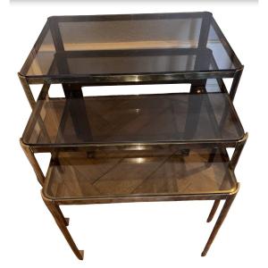 Quinet Or Pelletier Three Rectangular Nesting Tables In Gilt Bronze And Smoked Glass