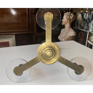 Morand Henri (1914-2010) Art Deco Chandelier In Brass, Gilt Bronze And Glass. Signed